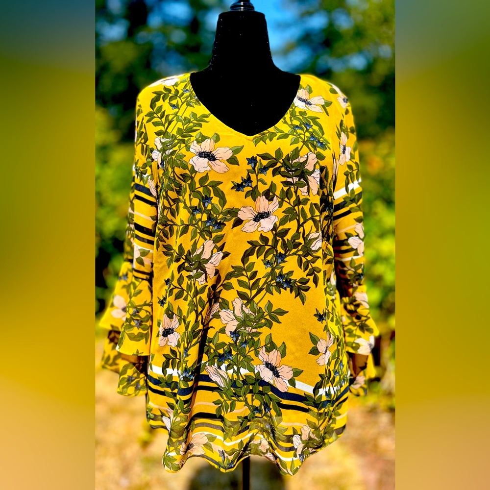 CAbi Yellow Floral Sheer Blouse XL